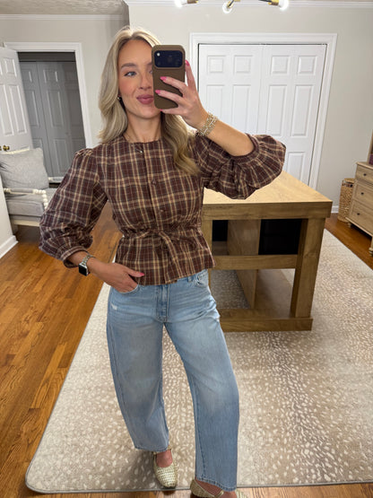 Marlowe Plaid Tie-Waist Blouse