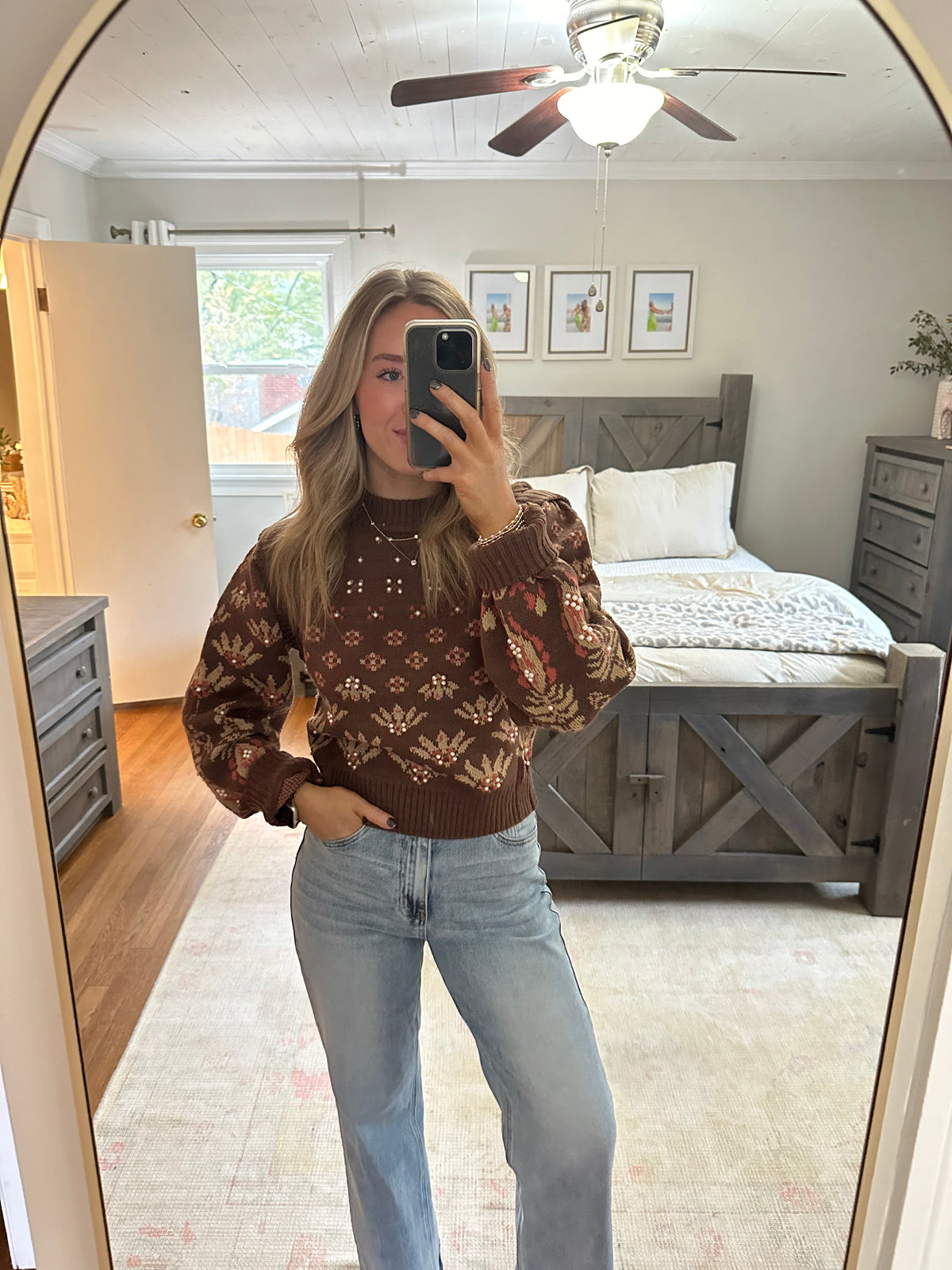 Pearl Embellished Sweater- Brown