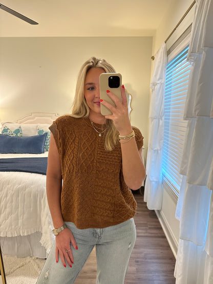 Mixed Cable Knit Vest- Camel