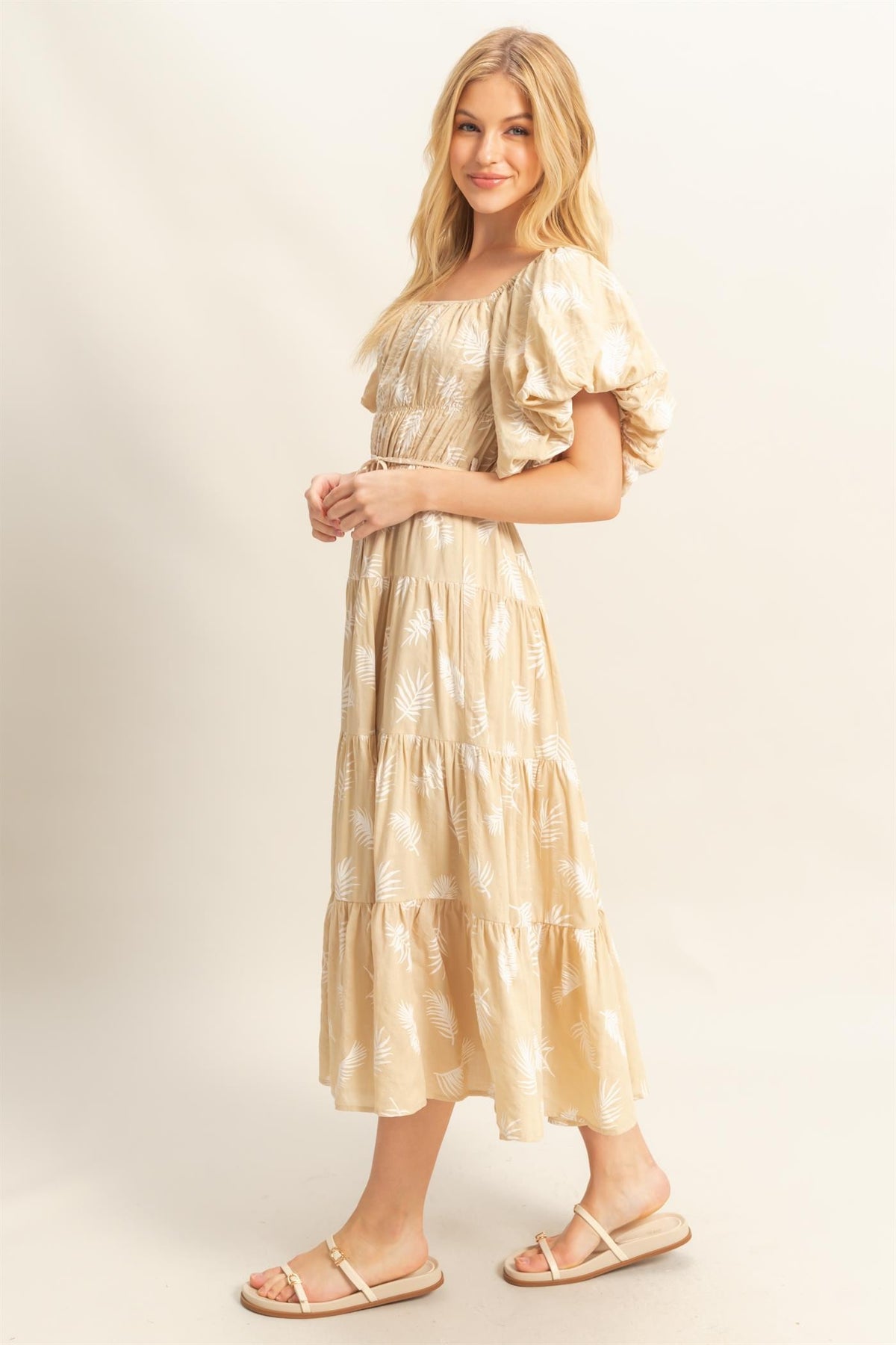 Leaf Print Midi Dress- Taupe