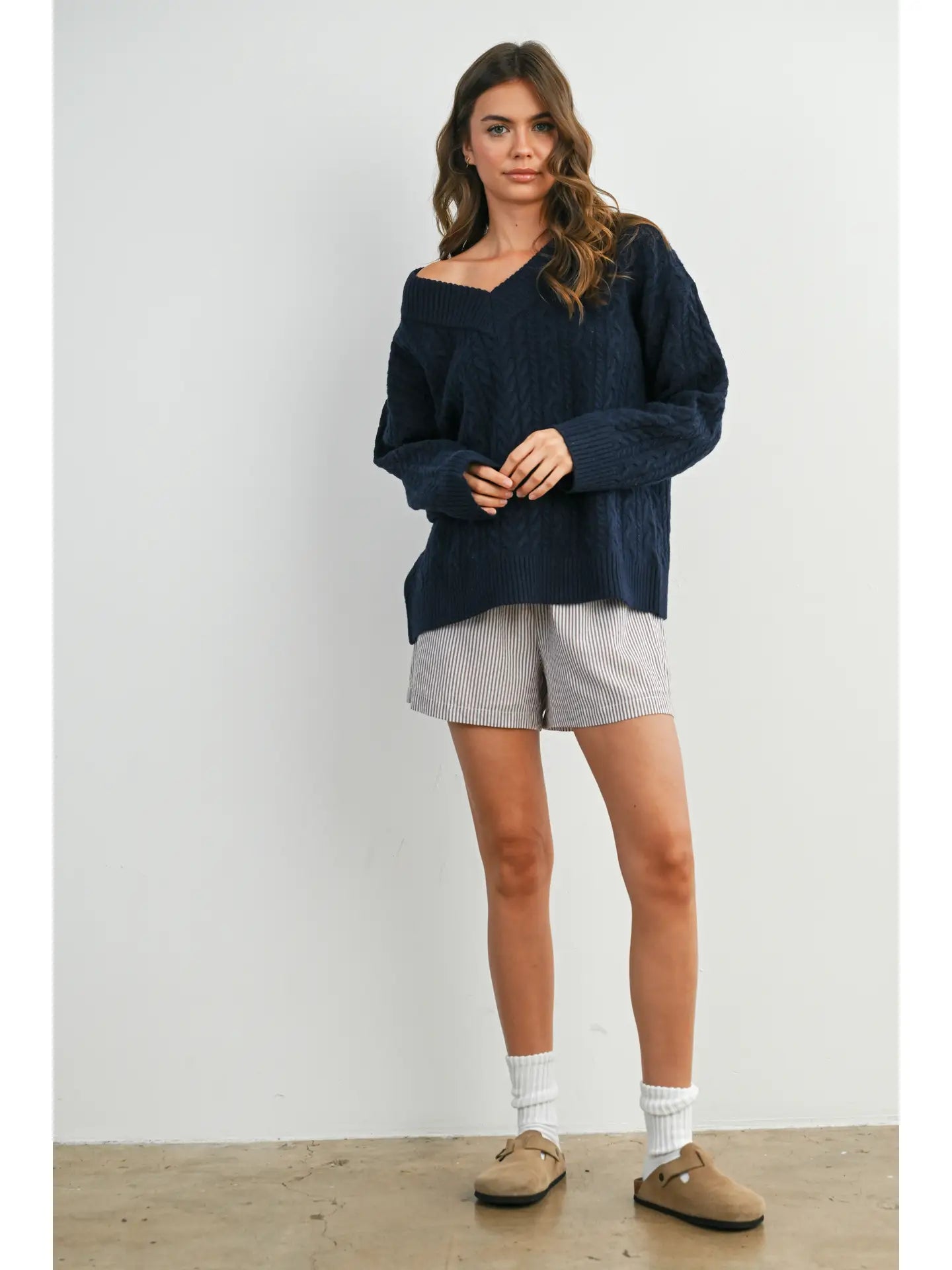 Heather Cable Knit Sweater- Navy
