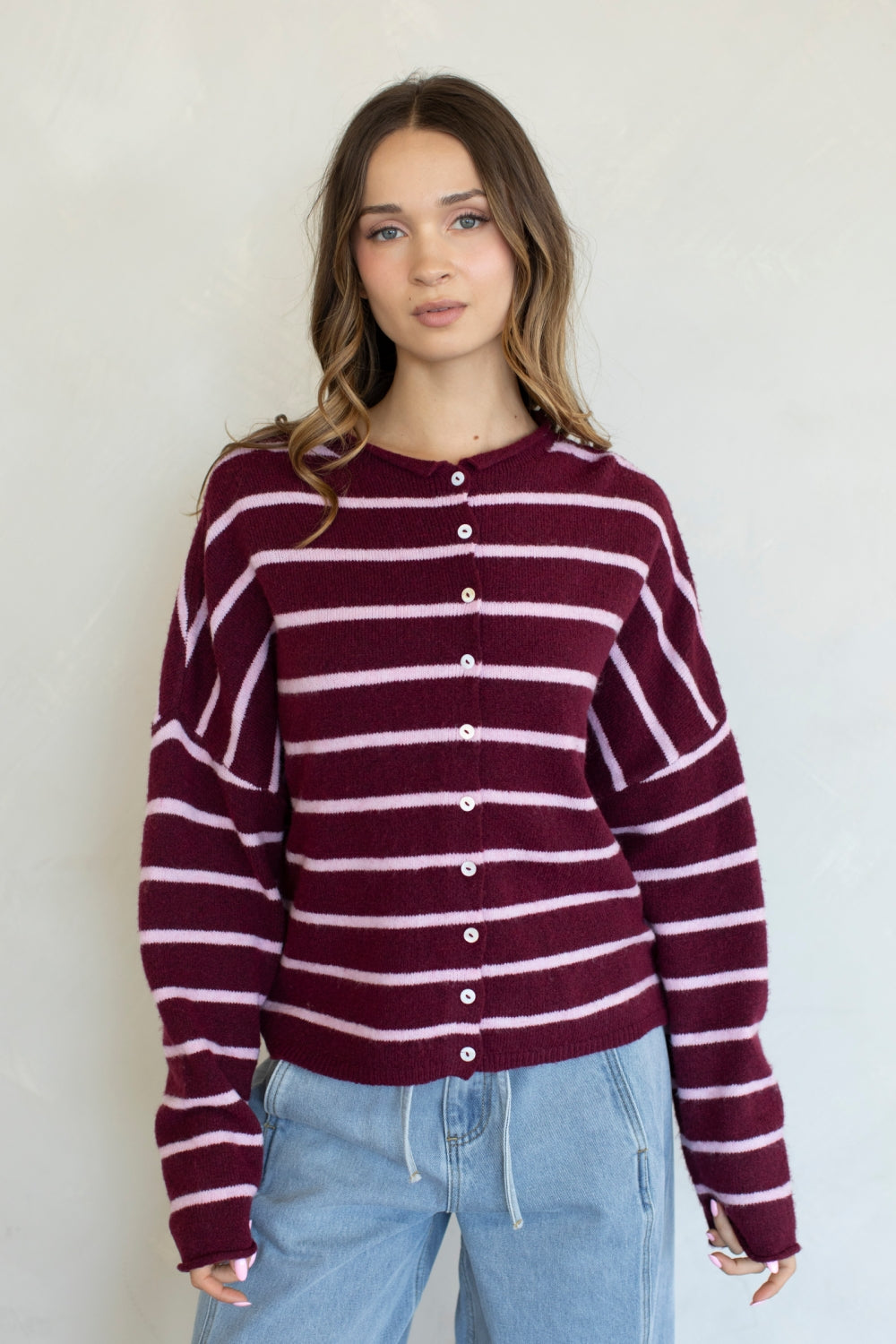 Piper Cardigan Cabana Striped- Wine/Pink