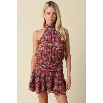 Berry Floral Halter Mini Dress