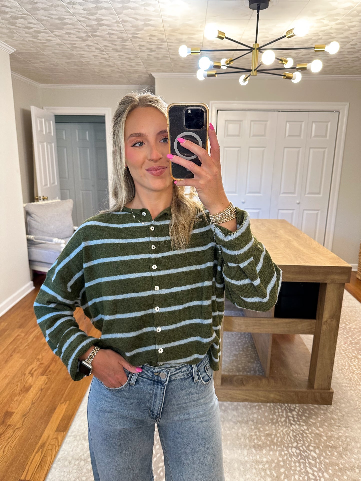 Piper Cardigan Cabana Striped- Olive/Blue