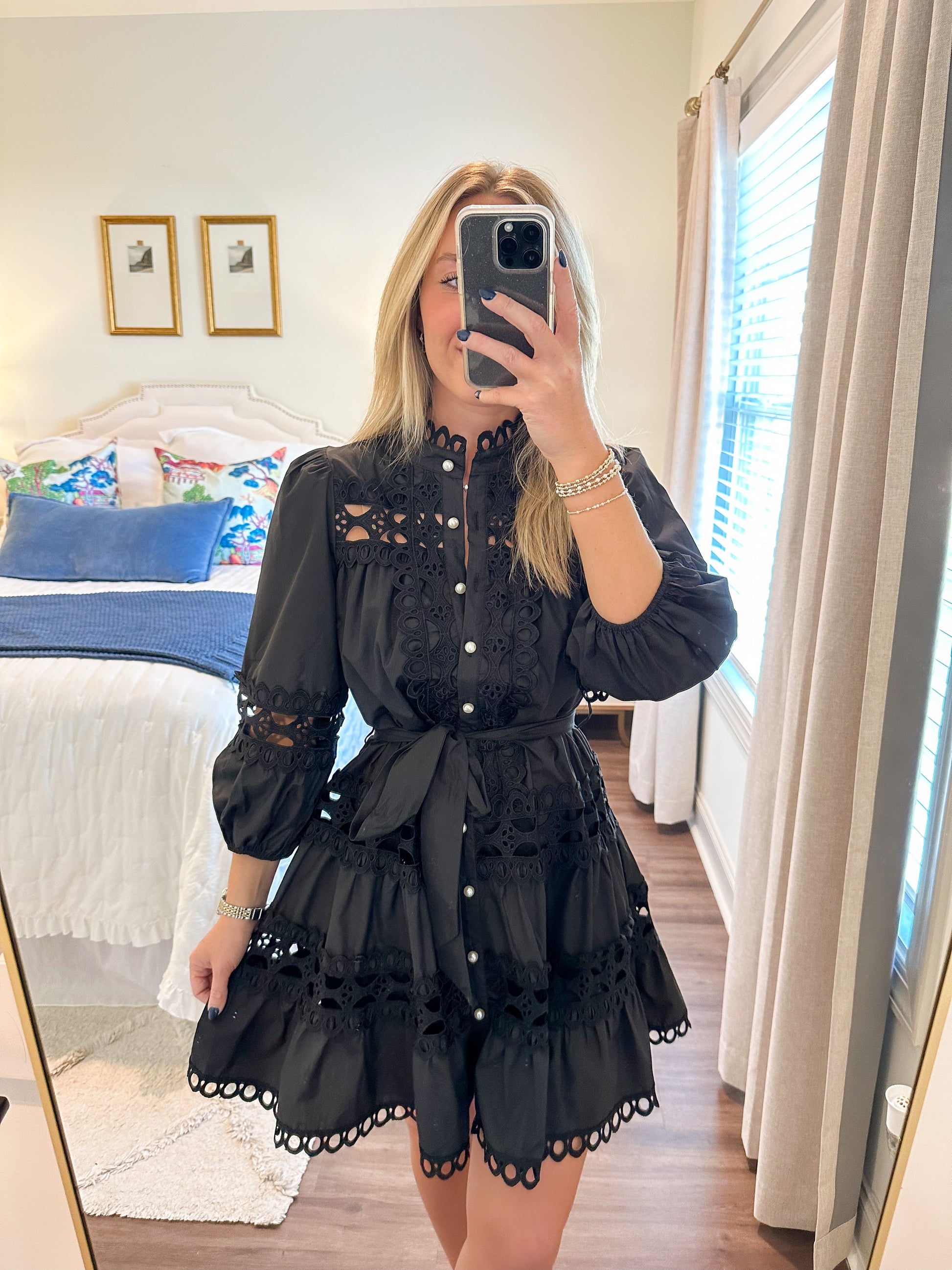 Pearl Button Mini Dress- Black 128 Pearl Button Mini Dress- Black 128