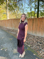 Fringe Faux Wrap Dress- Burgundy