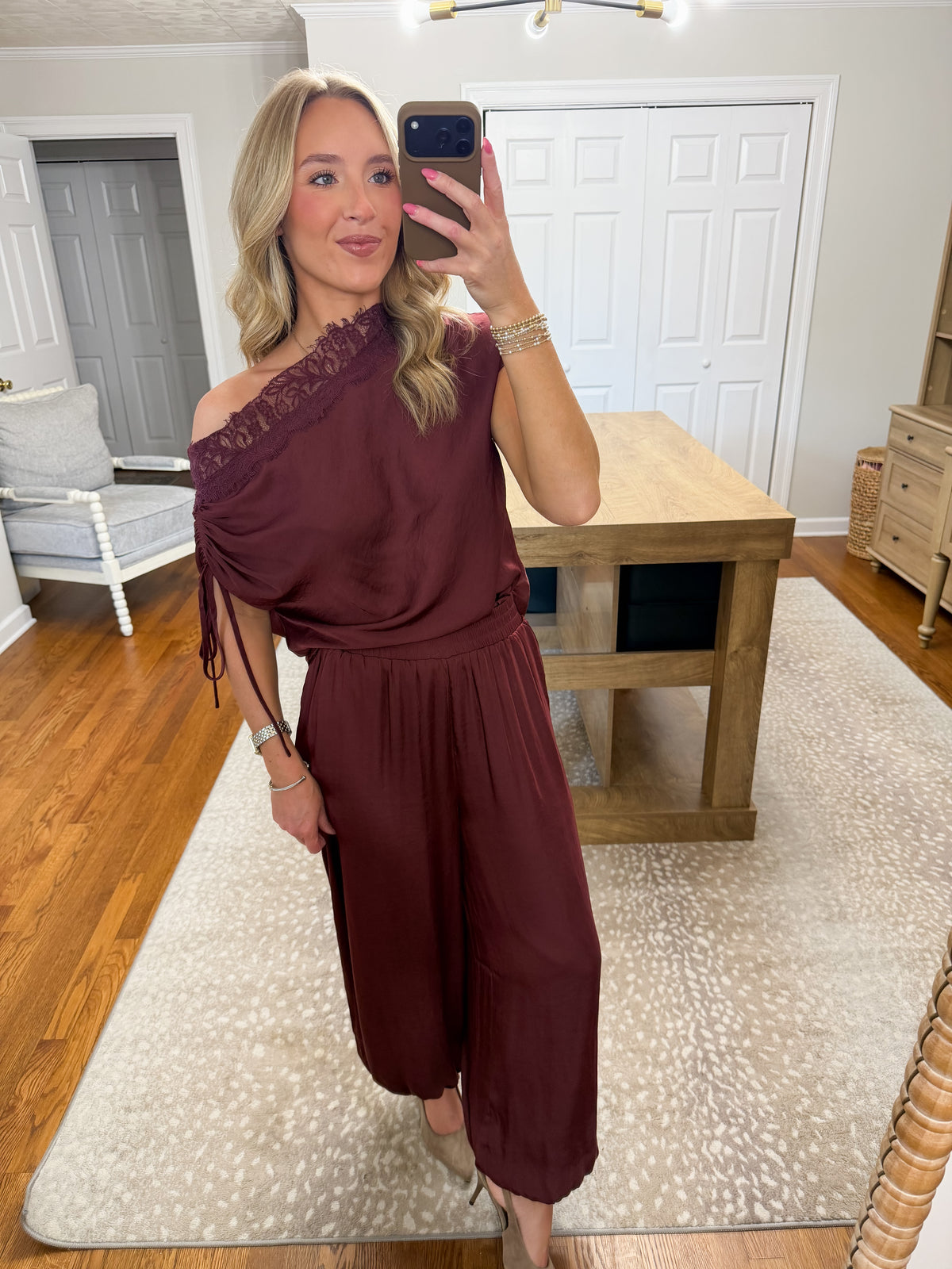 Maeve Lace Trim Top- Wine