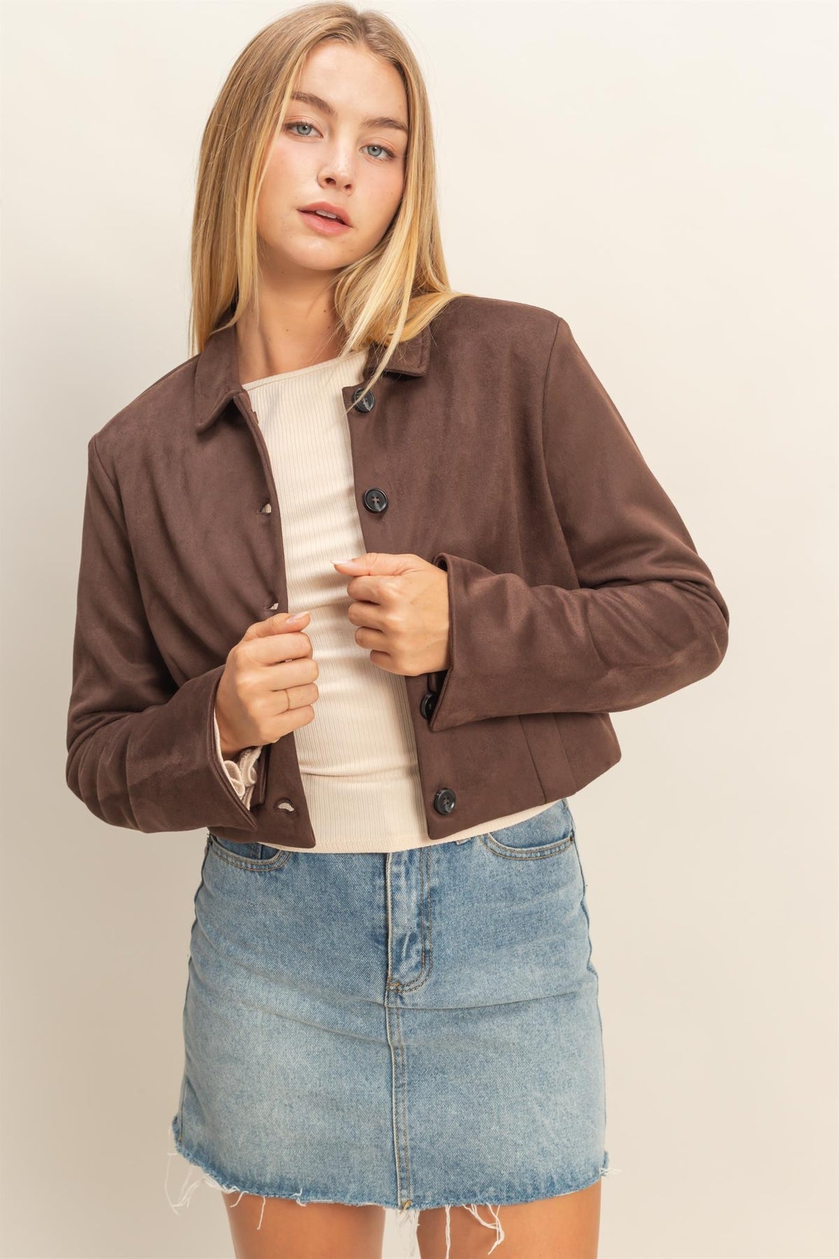 Suede Crop Jacket- Chestnut