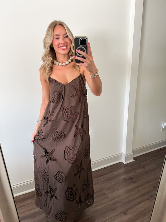 Star Fish Eyelet Maxi Dress- Brown