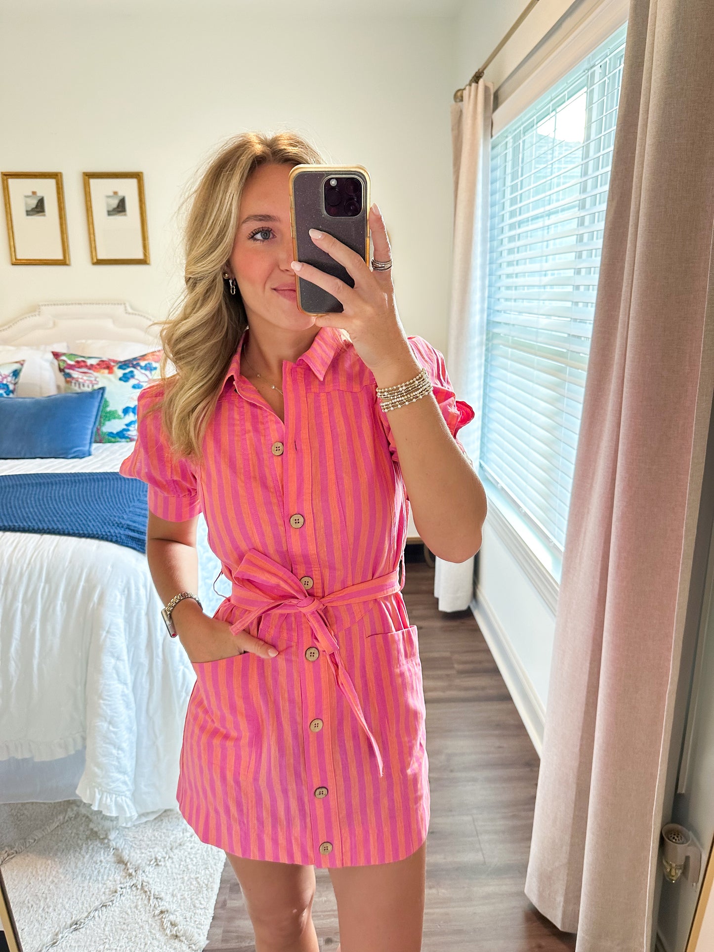 Wren Button Mini Dress- Pink/Orange
