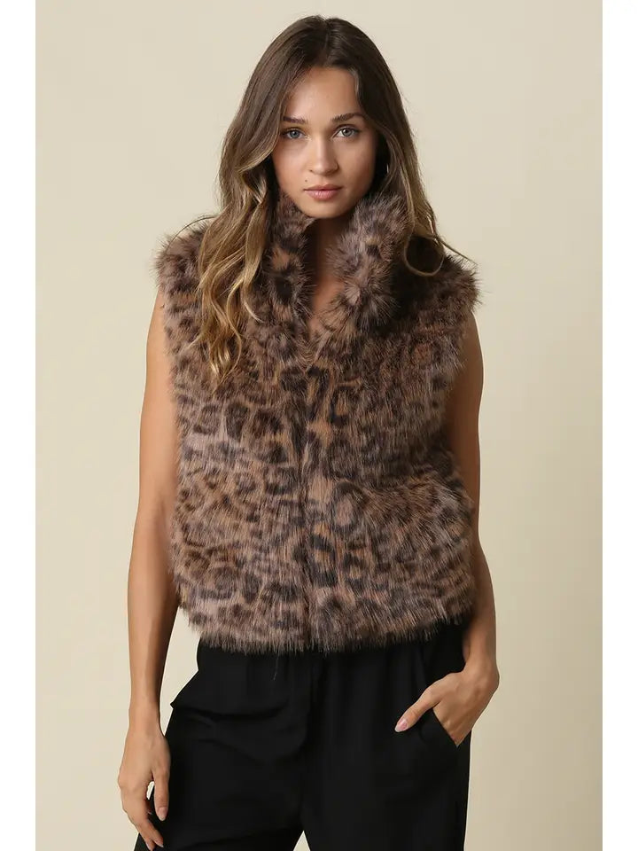 Cameron Leopard Faux Fur Vest- Brown