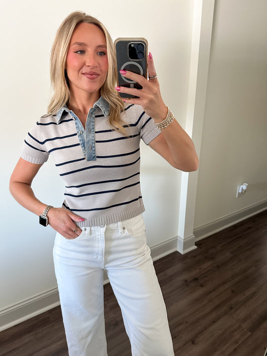 Shyla Striped Top- Grey/Navy