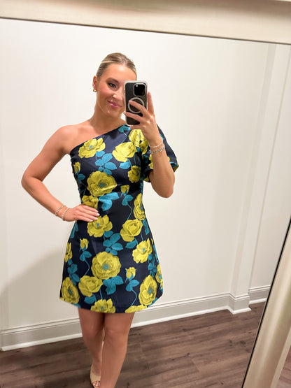 Astoria One Shoulder Mini Dress- Navy/Lime