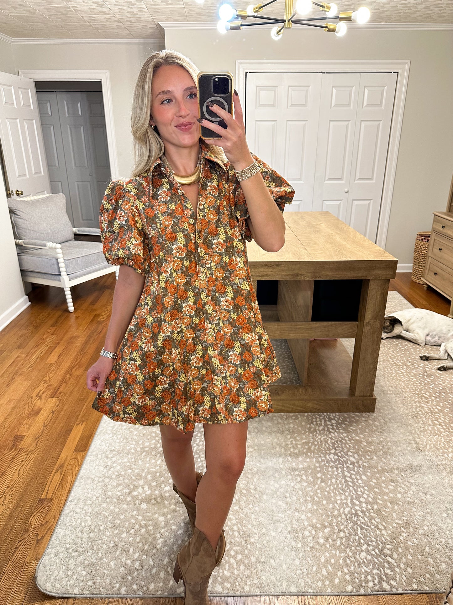 Lara Floral Mini Dress- Grey Rust