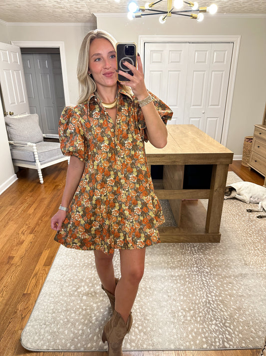 Lara Floral Mini Dress- Grey Rust