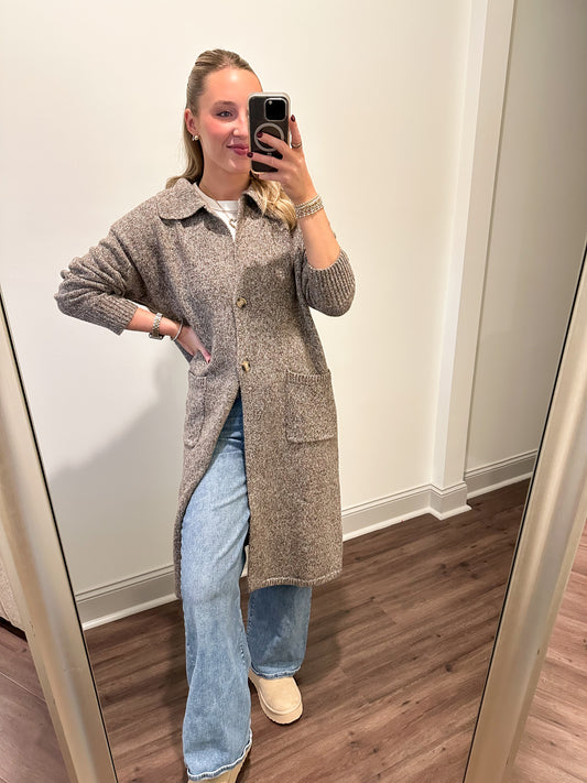 Collared Maxi Cardigan- Brown