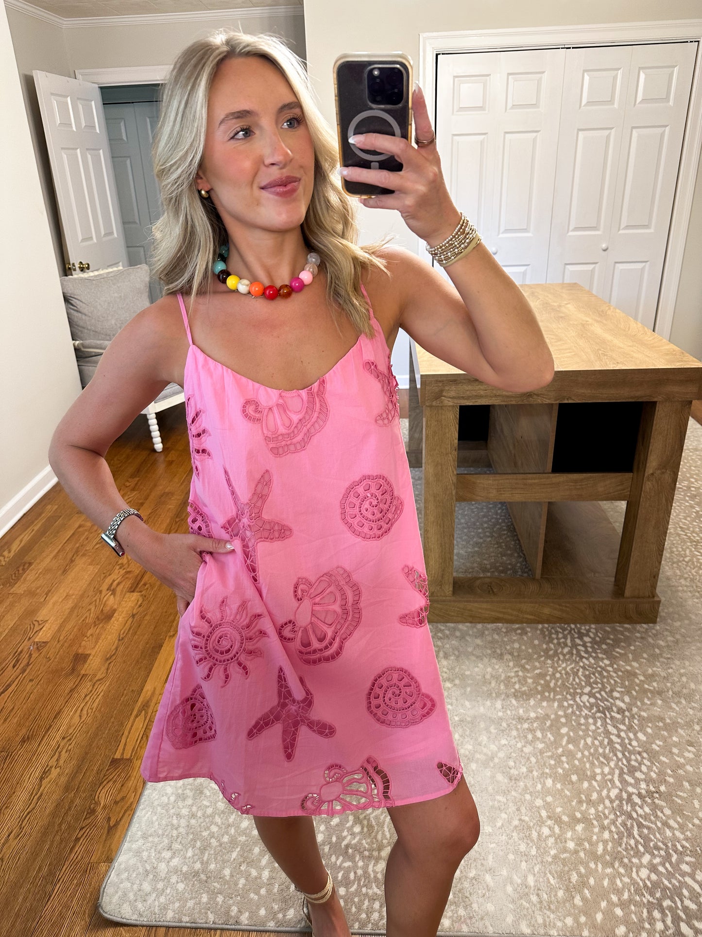 Sea Shell Embroidery Mini Dress- Pink