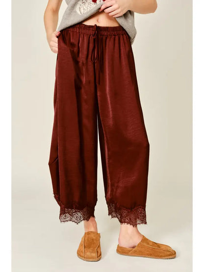 Lace Trim Satin Drawstring Barrel Pants- Rust
