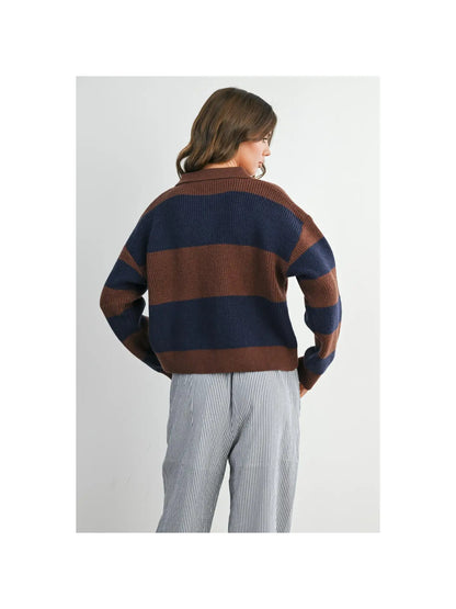 Striped Color Block Collared Sweater- Brown/Navy