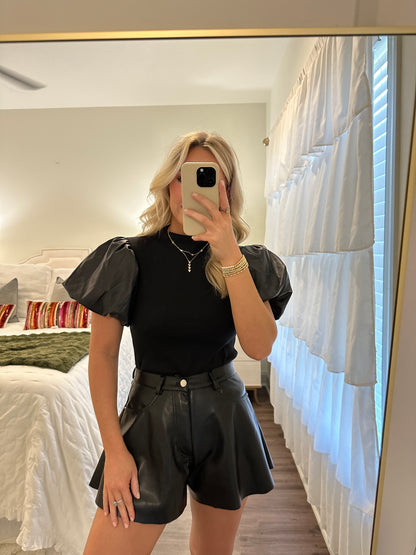 Leather Sleeve Top- Black