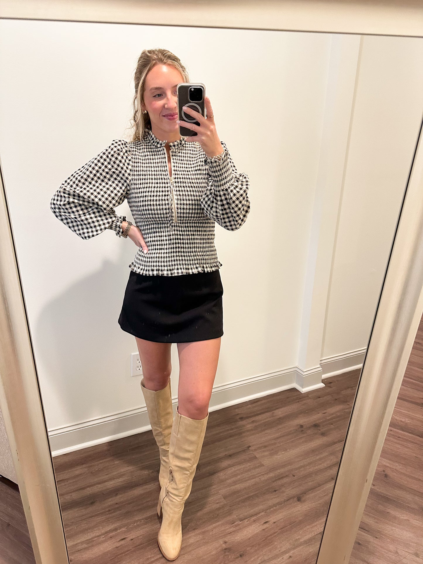 Presley Gingham Zip Top- Black