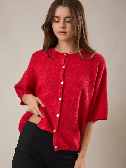 Short Sleeve Crew Neck Sweater Cardigan- Red