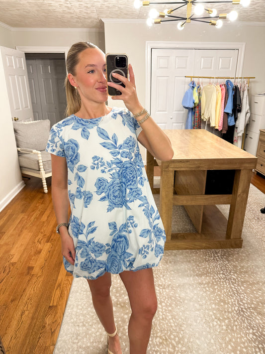 Clara Blue Rose Bubble Mini Dress