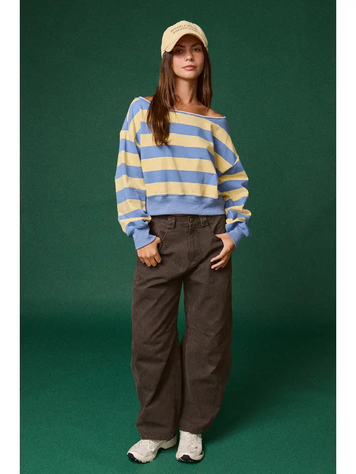 Lily Striped Off Shoulder Sweatshirt- Blue/Yellow
