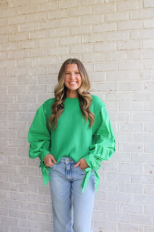 Mixed Fabric Sweater- Green