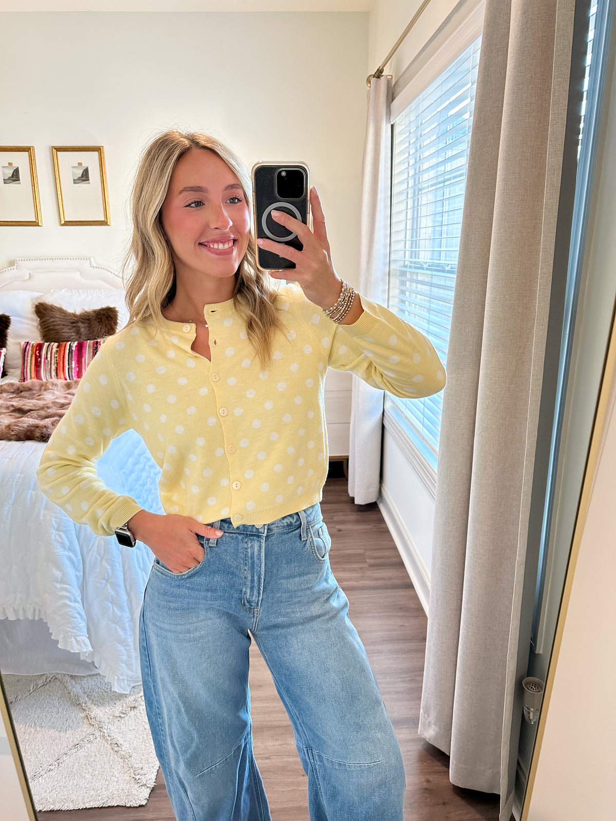 Callie Polka Dot Cropped Cardigan- Butter/White