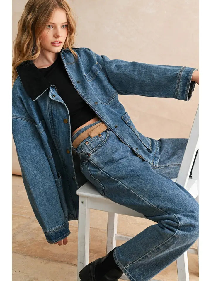 Corduroy Collar Denim Utility Jacket
