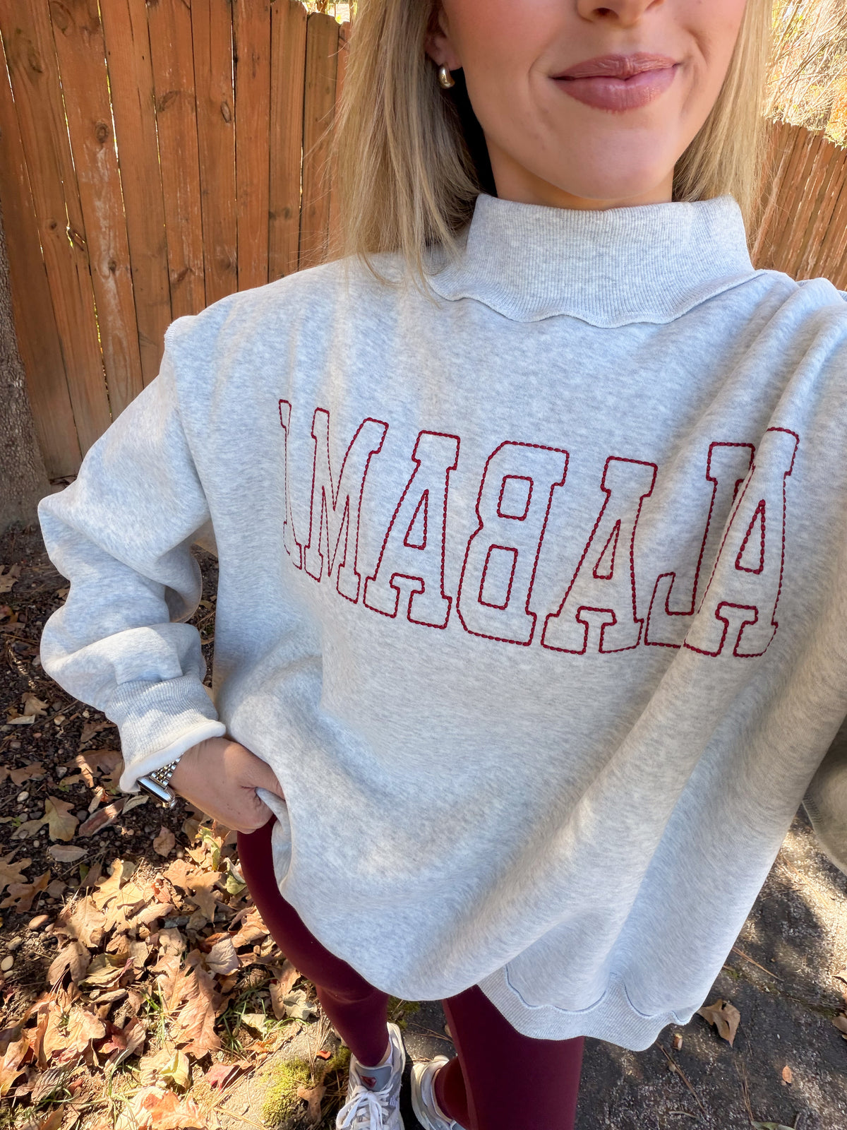 Alabama Stitch Outline Mockneck Sweatshirt- Grey