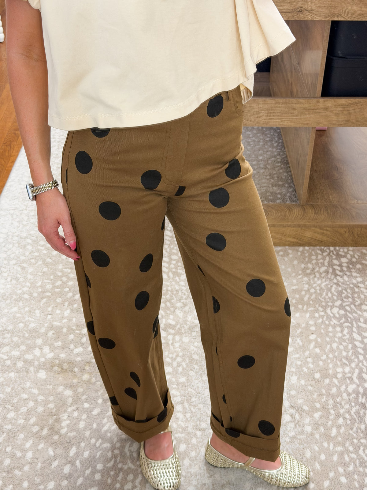 Aliyah Polka Dot Barrel Pants- Brown