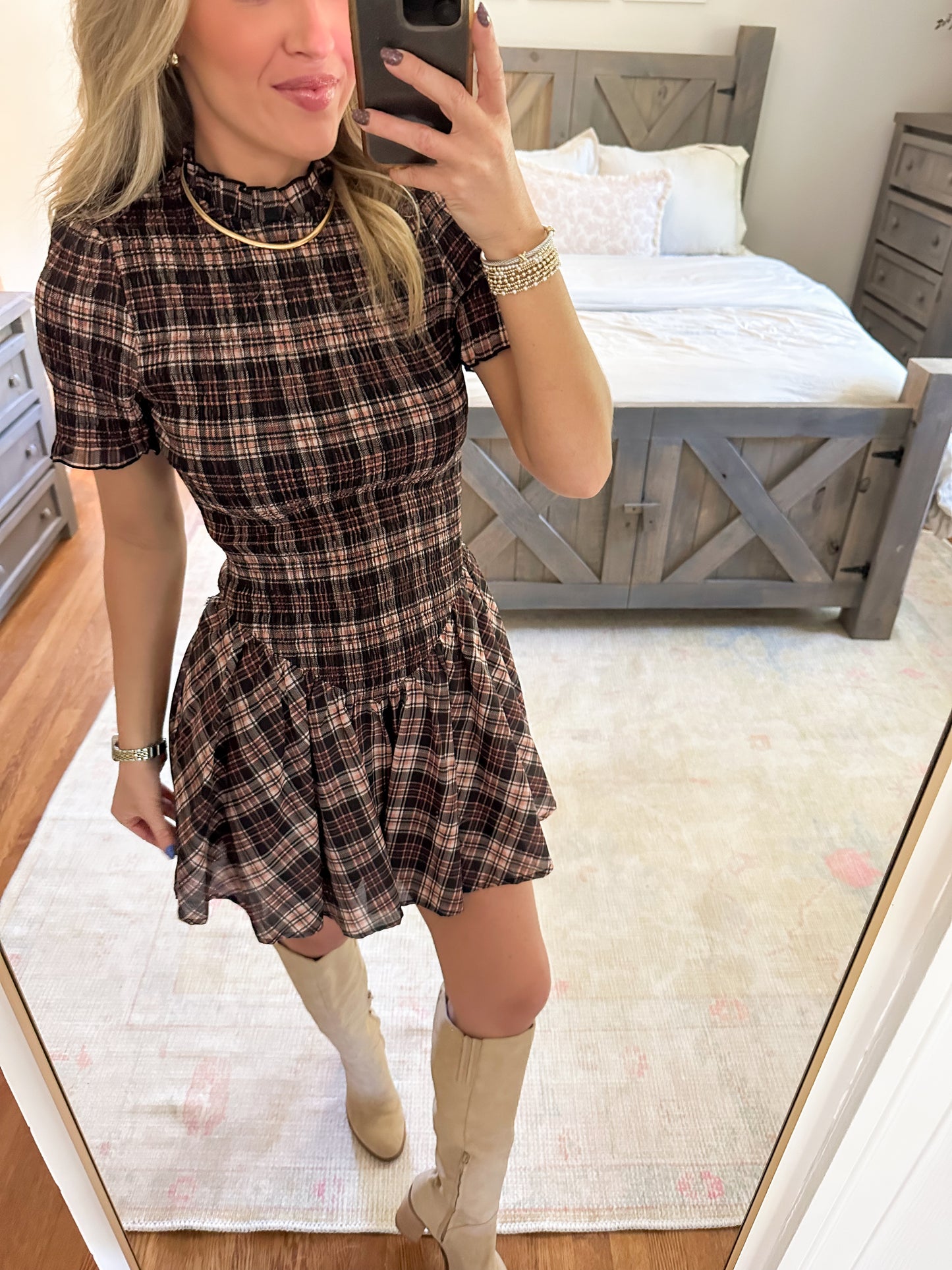 Asia Plaid Smocked Mini Dress