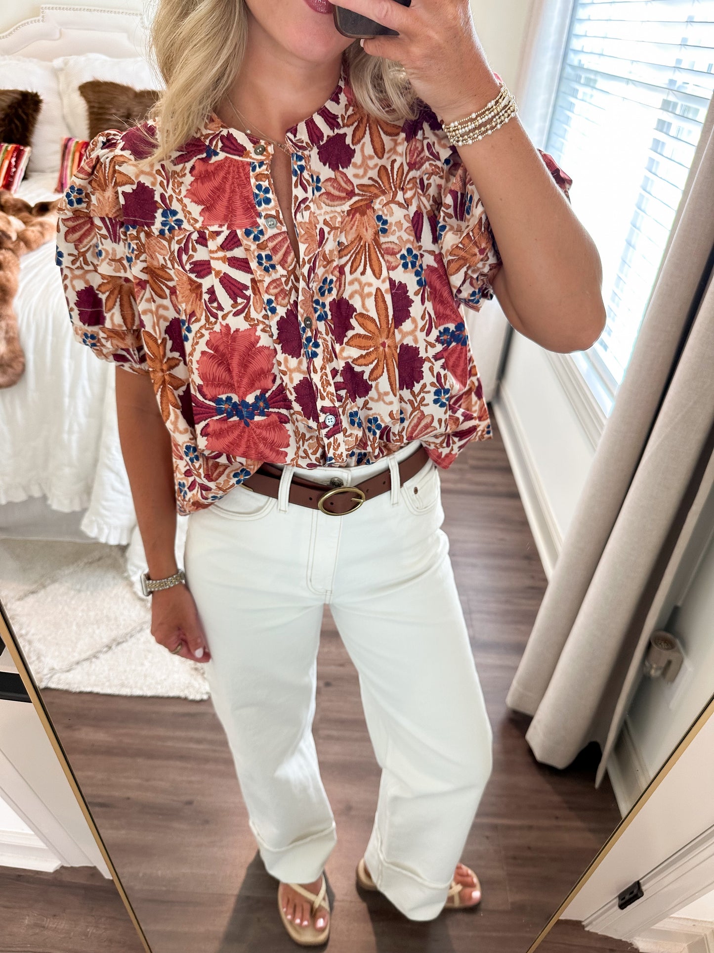 Bria Floral Balloon Shirt- Cream/Rust