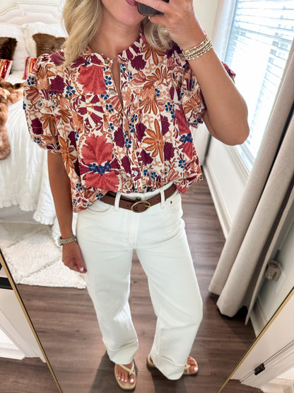 Bria Floral Balloon Shirt- Cream/Rust