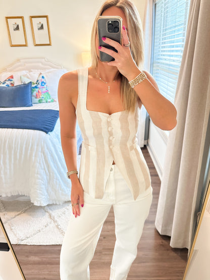 Alise Stripe Top- White/Khaki