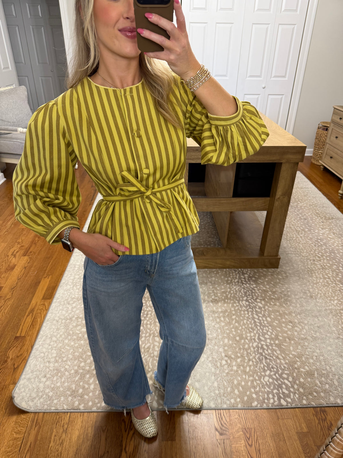 Benica Striped Belted Peplum Blouse