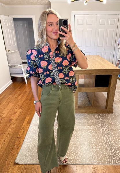 Beatrice Floral Top- Navy