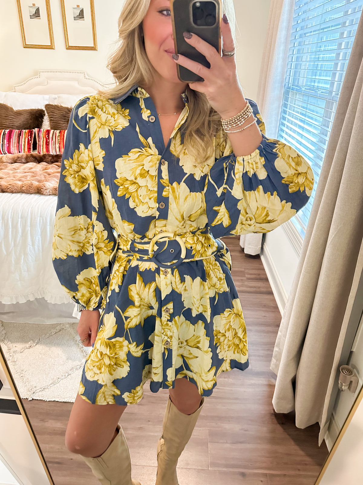 Eve Floral Belt Dress- Blue/Yellow