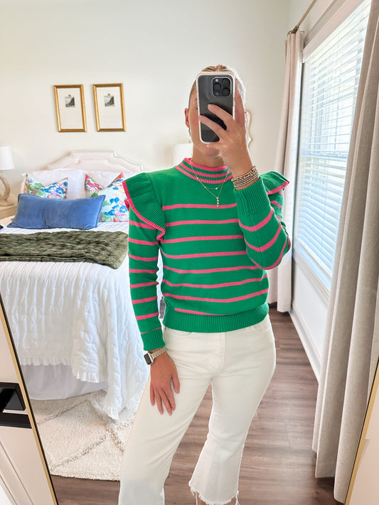 Flutter Detail Stripe Sweater- Green/Pink