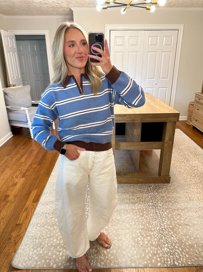 Retro Stripe Quarter-Zip Sweater- Brown/Blue