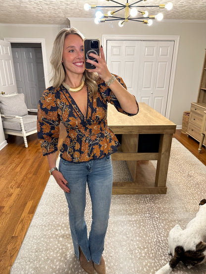 Maje Peplum Blouse- Navy/Orange