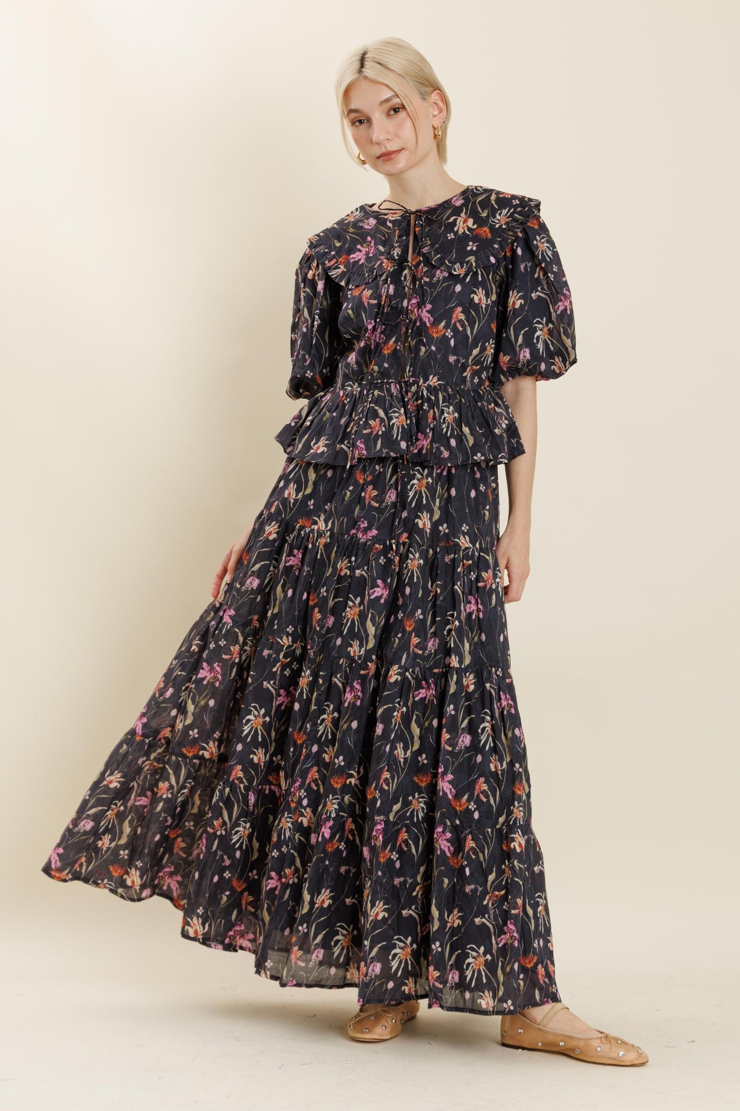 Camille Floral Top- Navy