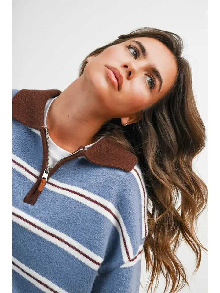 Retro Stripe Quarter-Zip Sweater- Brown/Blue