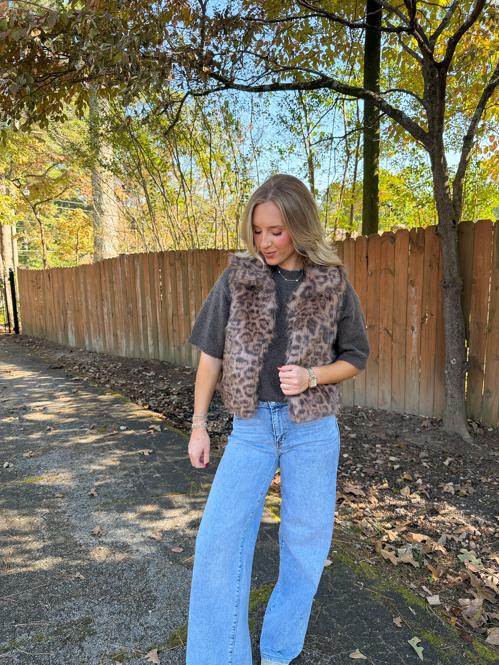 Cameron Leopard Faux Fur Vest- Brown