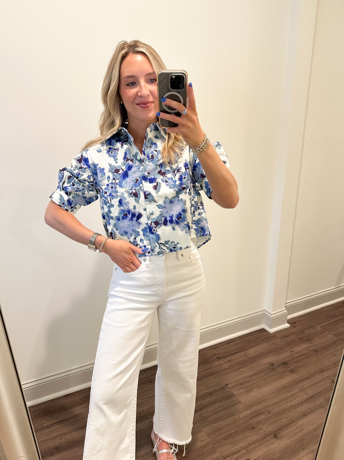 Sena Floral Cropped Shirt- Blue