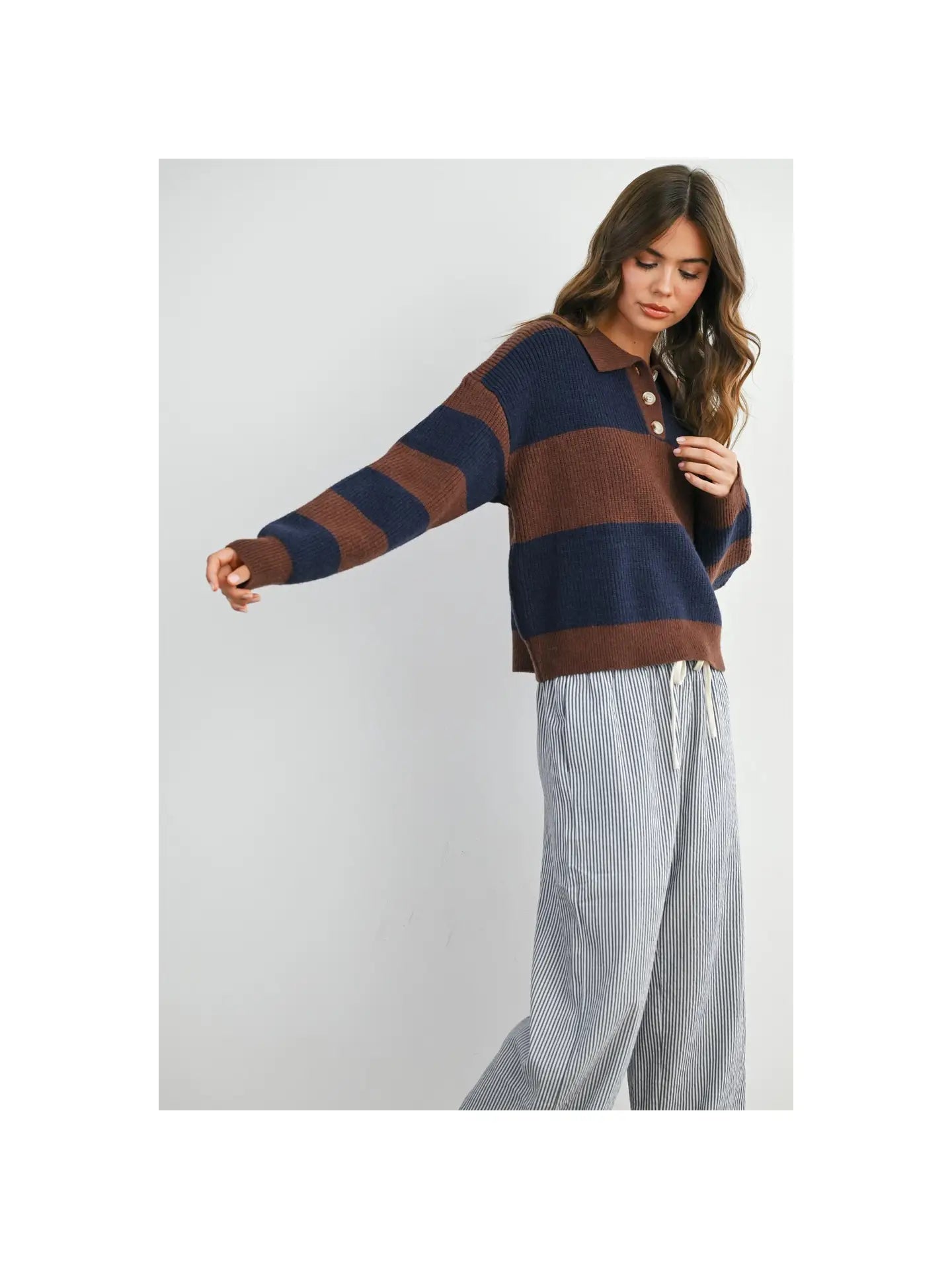 Striped Color Block Collared Sweater- Brown/Navy