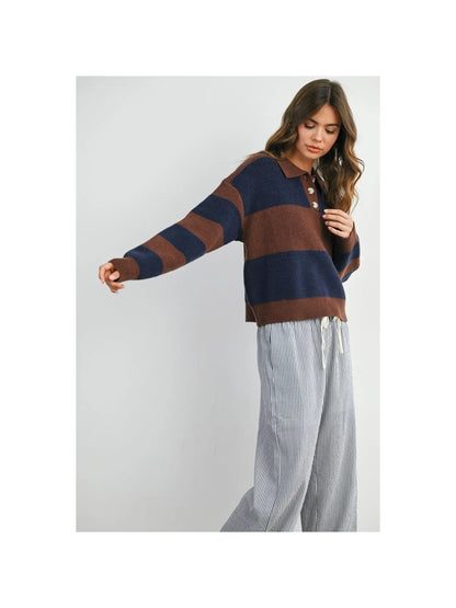 Striped Color Block Collared Sweater- Brown/Navy