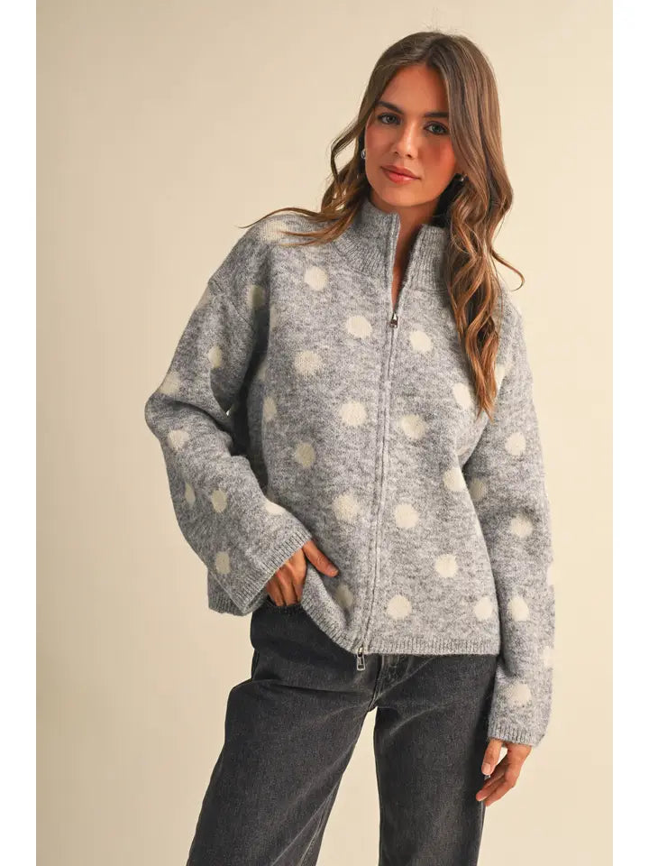 Hayden Polka Dot Zipper Jacket- Grey/Cream